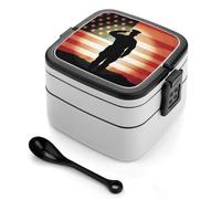 Soldier Saluting America Flag Bento Box Adult Empilable 2 Layers Containers Réutilisable Étanche Lunch Containers for Adultes Travel 935,5 g Lunch Box with Spoon Portable Bento Boxes, Micro-ondes