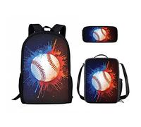 soldwellsd Ensemble de 3 sacs à dos pour adolescents, garçons et filles, cartable, boîte à déjeuner, trousse à stylos, softball, foudre de feu, taille unique, sac à dos, Baseball Bleu Rouge Splatter