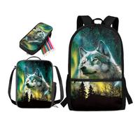 soldwellsd Ensemble sac à dos et boîte à déjeuner imprimé panda rouge, 43,2 cm, cartable primaire pour enfants, sac à dos de voyage léger pour randonnée, camping avec sangle rembourrée, Wolf Forest