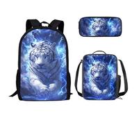 soldwellsd Lot de 3 sacs à dos d'école pour enfants, sac à dos de sport, football, basket-ball, boîte alimentaire isotherme, trousse à crayons à fermeture éclair, Tiger Lightning, Taille unique