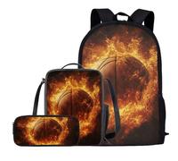 soldwellsd Lot de 3 sacs à dos d'école pour enfants, sac à dos de sport, football, basket-ball, boîte alimentaire isotherme, trousse à crayons à fermeture éclair, Ballon de basket Cool Fire, Taille