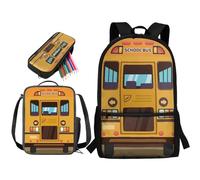 soldwellsd Lot de 3 sacs à dos pour enfants, garçons et filles, sac à dos et trousse à crayons, ensemble de cartable léger de 43,2 cm, Imprimé bus scolaire de dessin animé - Jaune, Taille unique