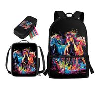 soldwellsd Lot de 3 sacs à livres avec boîte à déjeuner, sac d'école imprimé forêt et neige avec trousse à crayons pour enfants, grand sac à dos léger pour maternelle et primaire, Ink Splash Cheval