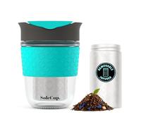 SoleCup - Tasse de voyage en vrac - Passoire à thé amovible avec couvercle anti-déversement - Tasse à café de voyage en verre sans BPA réutilisable avec bande en silicone (gris et bleu)