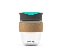 SoleCup. - Tasse de voyage réutilisable en verre renforcé - Tasse à café en verre anti-déversement - Tasse de voyage pour boissons chaudes sans BPA avec couvercle et bande en liège (gris et bleu)