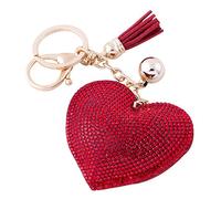 Soleebee en Cuir Amour Coeur Keychain Bling SS6 Premium Cristal De Voiture Porte-clés Valise Sacs À Dos Accessoires Charme avec Glands (Rouge)