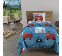 Soleil d'ocre, Parure Housse de Couette 140x200 cm Pompiers Bleu, 100% Coton 57 Fils/cm2