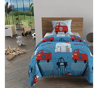 Soleil d'ocre, Parure Housse de Couette 140x200 cm Pompiers Bleu, 100% Coton 57 Fils/cm2