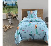 Soleil d'ocre, Parure Housse de Couette 140x200 cm SIRENES Bleu, 100% Coton 57 Fils/cm2