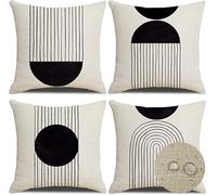 Soleil en arcLot de 4 Housse de Coussin Lin imperméable 60x60cm Géométrique Moderne Noir Blanc Printemps Été Carré Taie d'oreiller Décoratif Pour canapé/maison/lit/bureau/café/jardin/extérieur S-4181