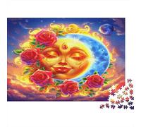 Soleil et Lune Carton Visage de Lune avec Roses Rouges Puzzle Premium pour Seniors Entraînement cérébral 52x38cm/1000 pièces
