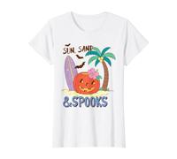 Soleil Sable et Spooks Tropical Halloween Plage Citrouille Fun T-Shirt Graphique avec Valeur, Femme, Blanc, L