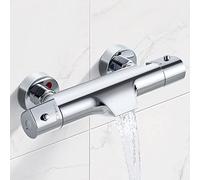 Solepearl Mitigeur Baignoire Thermostatique Bec Cascade, Mitigeur Thermostatique Bain Douche en laiton, avec 2 Sorties d'eau, Bouton Sécurisé à 38°C, Robinet Baignoire Douche Mural, Chromé