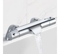 Solepearl Mitigeur Monté sur Baignoire Thermostatique Bec Cascade, Mitigeur Bain Douche Thermostatique avec 2 Sorties d'eau, Bouton Sécurisé à 38°C, Robinet Thermostatique pour Douche en laiton