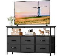 Solerconm Meuble TV 140 cm avec Rangement, Meuble multimédia Moderne en Similicuir Noir avec 6 tiroirs, Commode élégante Anti-basculement pour Chambre et Salon, Buffet TV Design Contemporain Noir