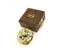 Nautical Replica Hub Solid Brass Sundial and Compass in Hardwood Box - Polished Brass Sundial Compass