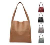 Solid Color Simple Genuine Leather Shoulder Bag, Large Capacity Waterproof Tote Bag, Simple Modern All-Match Satchel Handbag Crossbody (One Size,Khaki)