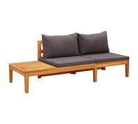 Solid Teak Wood Garden Bench with Table and Dark Gray Cushions, Outdoor Patio Furniture Set for Balcony Terrace, Acacia Wood Bench with Removable Side Table and Comfortable Seat Back Pillows