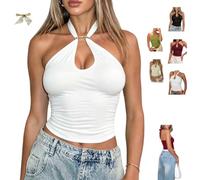 Solid Tie Camis Top,Spaghetti Halter Tank V Neck Backless Shirt,Summer Sexy Sleeveless Going Out Halter Tops with Metal Ring