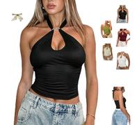 Solid Tie Camis Top,Spaghetti Halter Tank V Neck Backless Shirt,Summer Sexy Sleeveless Going Out Halter Tops with Metal Ring