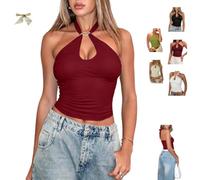 Solid Tie Camis Top,Spaghetti Halter Tank V Neck Backless Shirt,Summer Sexy Sleeveless Going Out Halter Tops with Metal Ring