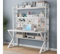 Solid Wood Computer Desk with Storage Shelves & Pegboard Modern Writing Workstation Table for Home Office Study Large Sturdy Wooden Desk with Shelf and Cable Management Rustique Indu