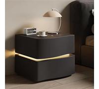 Solid Wood Nightstand, Leather Bedside Table with LED Tubes, Modern Bedroom Nightstand, Side Table,with Drawer(Black,2)