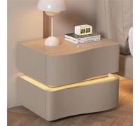 Solid Wood Nightstand, Leather Bedside Table with LED Tubes, Modern Bedroom Nightstand, Side Table,with Drawer(Khaki Color,2)