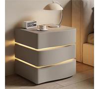 Solid Wood Nightstand, Leather Bedside Table with LED Tubes, Modern Bedroom Nightstand, Side Table,with Drawer(Khaki Color,3)