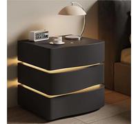 Solid Wood Nightstand, Leather Bedside Table with LED Tubes, Modern Bedroom Nightstand, Side Table,with Drawer(Black,3)