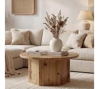 Solid Wood Round Coffee Table with Hexagon Pedestal for Living Room, Easy