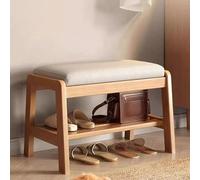 Solid Wood Shoe Bench, 2-Tier Wooden Storage, Mid-Century Modern Shoe Bench Rack, Faux Leather Cushion,for Entryway Hallway Living Room(Cherry Color,55cm)