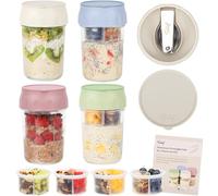 SOLIGT Lot de 4 récipients à avoine de nuit avec couvercles et compartiments divisés pour fruits et noix, cuillères pliantes, 473,6 g de verre