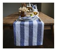 Solino Home Chemin de table en lin 304,8 cm de long - Rayures cabana - 100 % pur lin bleu marine et blanc - 354,6 x 304,8 cm - Pour salle à manger, automne, Thanksgiving, vacances