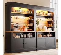 Solisburne Armoire de cuisine buffet avec LED, buffet avec plan de travail, 6 crochets et 2 portes, armoire haute pour cuisine, salon, salle à manger, 107 x 43 x 184 cm, noire (2)