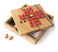 SOLITAIRE + le RENARD ET LES OIES de 1 à 2 joueurs. Jeu de société familial de stratégie en bois massif aux normes CE. Marque française le Délirant®, jeux de voyage à plateau refermable. 2 JEUX en 1 !