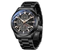 SOLLEN Montre chronographe noire pour homme, montre analogique à quartz classique avec calendrier, étanche à 30 m, montre habillée en acier inoxydable pour un usage formel, décontracté et quotidien