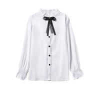 SOLOCOTE Chemisier en Coton pour Filles à Manches Longues à Cloches avec col plissé et Cravate, Hauts d'uniforme Scolaire pour Le Printemps et l'été Blanc 9-10 Ans