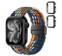SOLOLUP Bracelet tressé + coque de protection rigide en polycarbonate pour Apple Watch Bracelet SE 3/2 Series 11 10 9 8 7 6 5 4 3 Femme Homme Bracelet magnétique élastique en nylon + 2 coques pour