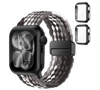 SOLOLUP Bracelet tressé + coque de protection rigide en polycarbonate pour Apple Watch Bracelet SE 3/2 Series 11 10 9 8 7 6 5 4 3 Femme Homme Bracelet magnétique élastique en nylon + 2 coques pour
