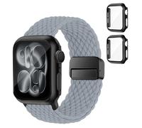 SOLOLUP Bracelet tressé + coque de protection rigide en polycarbonate pour Apple Watch Bracelet SE 3/2 Series 11 10 9 8 7 6 5 4 3 Femme Homme Bracelet magnétique élastique en nylon + 2 coques pour