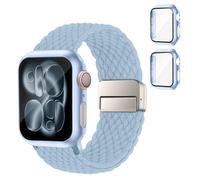 SOLOLUP Bracelet tressé + coque de protection rigide en polycarbonate pour Apple Watch Bracelet SE 3/2 Series 11 10 9 8 7 6 5 4 3 Femme Homme Bracelet magnétique élastique en nylon + 2 coques pour