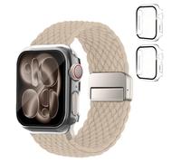 SOLOLUP Bracelet tressé + coque de protection rigide en polycarbonate pour Apple Watch Bracelet SE 3/2 Series 11 10 9 8 7 6 5 4 3 Femme Homme Bracelet magnétique élastique en nylon + 2 coques pour