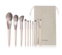 Solone Lot de 10 pinceaux de maquillage exquis avec manche en bois synthétique rose pêche végétalien, sans cruauté envers les animaux, poudre, contour, blush, fard à paupières, estompage, crayon,