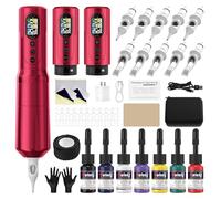 Solong Machine à Tatouer Professionnelle - Kit de Tatouage Complet avec 10 Aiguilles, 7 Flacons d'Encre, 2 Batteries de 2000 mAh - Pour Débutants et Tatoueurs Professionnels SL-TKE98AEU-2