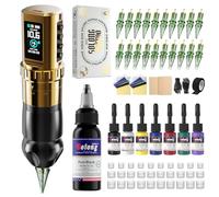 Solong SL-TKE201BEU-9 Kit de tatouage professionnel, stylo rotatif sans fil, 7 vitesses, hub réglable, batterie 1800 mAh, numérique LCD, 20 aiguilles et 8 encres de qualité supérieure pour débutants