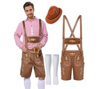 Solorass 3PCS Lederhosen Oktoberfest Homme Costume Bavarois avec Pantalon en Cuir Chapeau Chaussettes pour Cosplay Fête Carnaval (Brun, M)