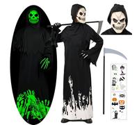 Solorass Costume de Faucheuse pour Enfant Deguisement Halloween Glow in the Dark Grim Reaper Cape avec Capuche et Masque Squelette pour Garçon et Fille 4-9 Ans (M)