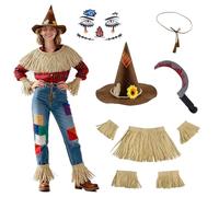 Solorass Costume d'épouvantail pour homme et femme avec chapeau, ceinture, faucille, tatouage, accessoire de costume d'Halloween pour adultes, fête de récolte, cosplay, décoration de jardin