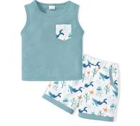 SOLOYEE Ensemble d'été pour tout-petit garçon - Hauts sans manches en jersey gaufré + shorts décontractés - Ensemble de 2 pièces 1-5T, Bleu grisâtre., 12-18 mois